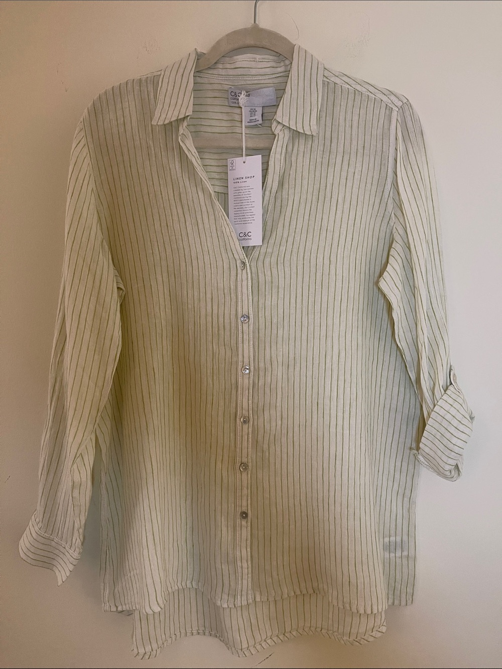 C&C California Pale Green Striped Linen Button-Down Shirt